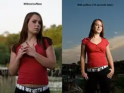 Portrét modelky bez softboxu (vlevo) a s ním