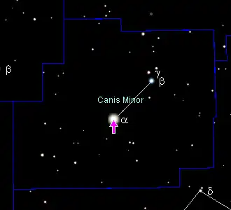 Pozice Prokyonu (vyznačena šipkou)