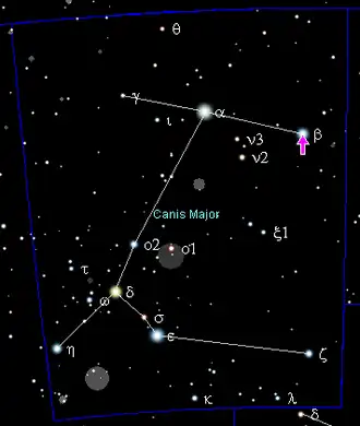 Pozice hvězdy Mirzam (označen šipkou)