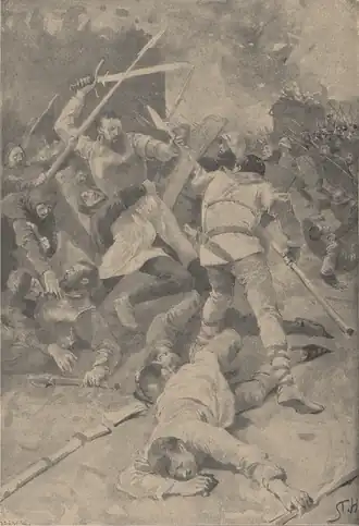 S. Hudeček: Poslední zápas Jana Roháče z Dubé na Sioně (Obrázkové dějiny národa českého, 1910)