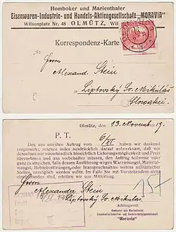 Firemní odpověď na objednávku z 13. listopadu 1919, kdy obchodní kontrakty ztěžovala poválečná situace