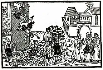 Pražská defenestrace roku 1618, holandský soudobý leták.