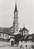 Kostel sv. Kateřiny na anonymní historické fotografii z doby kolem roku 1865
