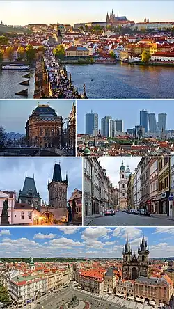 Historické jádro Prahy Po směru hodinových ručiček počínaje obrázkem nahoře: Pražský hrad, výškové budovy na Pankráci, Malá Strana, Staroměstské náměstí, Karlův most, Národní divadlo