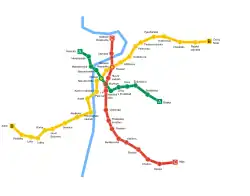 Pražské metro od 8. června 2001, po dokončení stanic Kolbenova a Hloubětín