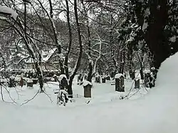 Praha, Smíchov, Bertramka, hřbitov pod sněhem.JPG