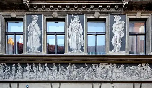 Sgrafito Život vojenský - život veselý, Praha 1-Nové Město, čp. 1707/II, Ostrovní 14, 1889