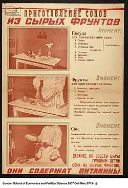 Osvětový plakát s receptem pro přípravu šťávy z čerstvého ovoce, Moskva r. 1930