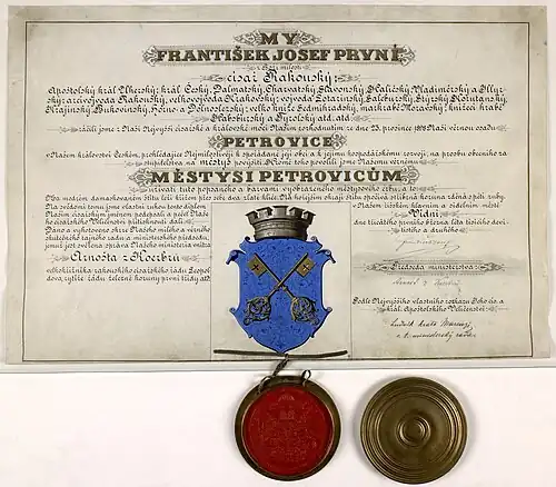 Privilegium Františka Josefa I. z roku 1902 o povýšení obce Petrovice na městys.