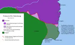      Rumunsko      Bulharsko      území předané Rumunsku (Silistra)      území požadované Rumunskem                      Hranice v r. 1913                     Hranice územních požadavků