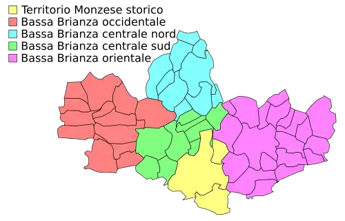 Mapa provincie, žlutě značeno historické území Monzy