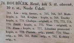 Detail stránky s výčtem vystavovaného díla R. Roubíčka