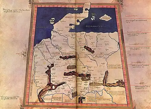 Mapa Germánie z 15. století jak ji popisoval Ptolemaios v díle Geografie (150 n. l.)