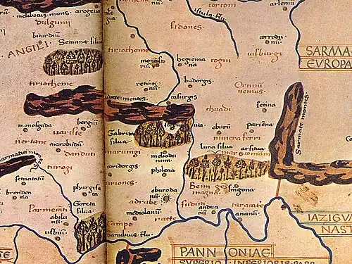 Mapa Germánie v Codex Latinus V. F. 32 (výřez), území Čech a Moravy