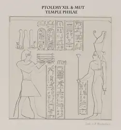 Ptolemaios XII. Neos Dionýsos před bohyní Mut; palác Philae