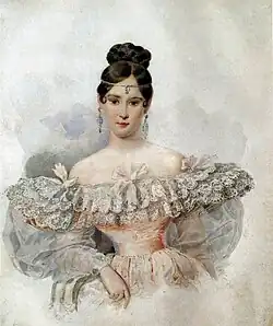 Manželka A. S. Puškina Natalia Nikolajevna (1798–1877) se šperkem „ferronière“