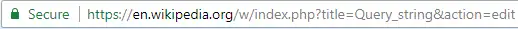Adresní řádek v prohlížeči Google Chrome ukazující URL s řetězcem dotazu titul=Query_string&action=edit