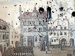 Vyobrazení Staré radnice na střeleckém terči z roku 1816.