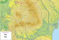 Túr na mapě Rumunska (vyznačen růžově)