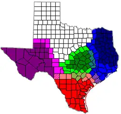 Poloha centrálního Texasu (zeleně) na mapě státu