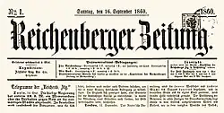 První vydání Reichenberger Zeitung z neděle dne 16. září 1860