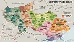 Administrativní mapa Říšského komisariátu Ukrajina v září 1943. Na mapě jsou vyznačeny hranice Ukrajiny pro porovnání.