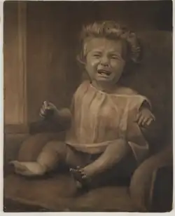 Oscar Gustav Rejlander: Duševní utrpení, plačící dítě, polychromovaná kresba již značně retušované fotografie určená pro Darwinovu knihu Výraz emocí u člověka a u zvířat, 1872