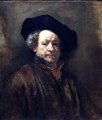 Autoportrét, Rembrandt van Rijn (1660). Rembrandtovo použití impasta bylo inspirováno Tizianem a ukázalo novou metodu vytvoření iluze.[4]