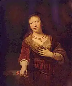 Saskia s květinou, olej na dřevě, 1641, Drážďany