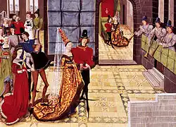 Na obraze stojí dvě postavy, snoubenci Renaud a Klarisa