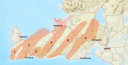 Mapa Reykjaneského poloostrova s jednotlivými vulkanickými systémy: 1. Reykjanes 2. Svartsengi 3. Fagradalsfjall 4. Krísuvík 5 Brennisteinsfjöll 6. Hengill