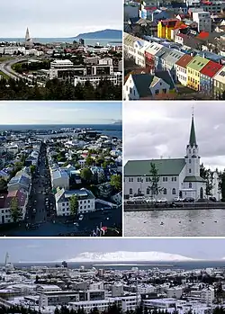 zleva: pohled na město z Perlanu, střechy městských domů, pohled na Reykjavík z kostela Hallgrímskirkja, kostel Fríkirkjan, panorama z Perlanu