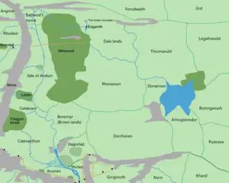Mapa regionů Rhovanionu. Boje probíhaly převážně v oblastech Berennyru, Dagorladu a Dorrhúnenu. Na krátkou dobu (během invaze Vozatajů) se bojovalo i o region Rhovanionu a ke konci Rhûnských válek se bojiště přesunula do oblastí Ithilienu, Calenardhonu a Celebrantu.