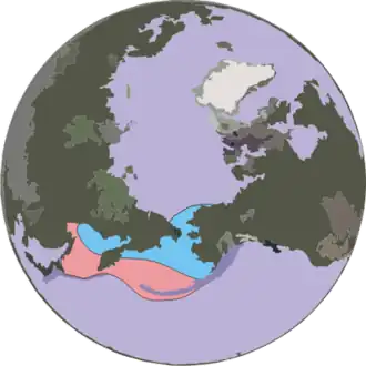 Areál rozšíření (růžová = léto; modrá = maximální)