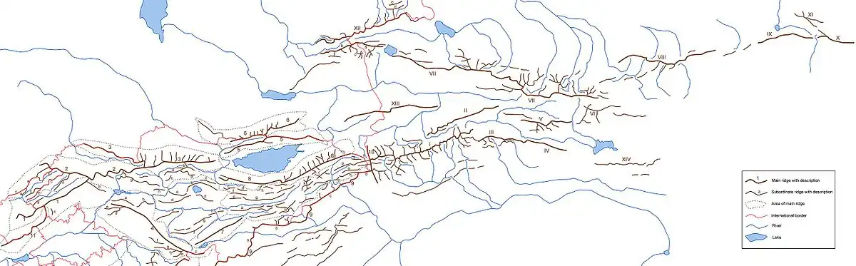 Hřbety Ťan-šanu na základě sovětských topografických map. Západní Ťan-šan: 1 - Čatkalský hřbet, 1a Kum Beli, 1b hřbet Atojnak, 1c Kek Ala, 11 - Kuraminský hřbet, 2 - Talaský Alatau, 2a Ugamský hřbet, 2b Majdaktajský hřbet, 2c Pskemský hřbet, 2d Čandalašský hřbet, 2e hřbet Kek-Suu, 2f Kardžantau, 2g Suusamyrtau, 2h Sarykamyš, 3 - Kyrgyzský hřbet, 3a Džumgaltau, 3b Karamojnok, 3c Oj-Kajing, 5 - Kungej Alatau, 6 - Zailijský Alatau Centrální Ťan-šan: 4 - Ferganský hřbet, 4a Tachtalyk, 4b Kökirimtau, 4c Torugarttau, 4d Babaš-Ata, 4e Kardy Too, 4f Uzgenský hřbet, 4g Chongboor Too, 4h Karakyr, 4i Kulun Hřbety ve středním Kyrgyzstánu: a Kavaktau, b Songkultau, c Kara Katta, d Moldotau, e Chaartash-Akshiirak, f Djamantau, g Baybychek-too, h Kara-too, i Alamyshik, 7 - At-Baši, 8 - Těrský Alatau, 9 - Kokšaal Tau, 9a Kyukkiya (na Z od ř. Kokšaal), 9b Západní Kokšaal Tau (mezi ř. Kokšaal and Uzengeguš), 9c mezi ř. Uzengeguš and Sarydžaz, 9d na V od ř. Sarydžaz, 10 - Poledníkový hřbet Hřbety ve východním Kyrgyzstánu: a Naryntau, b Borkoldoj, c Karadžorga, d Karagoman, e Kura, f Kapkatas, g Džetim, h Kerö Karagoman, i Džetimbel, j Akzoo, k Ak Šiirak, l Kuylyutau, m Uččat, n Kaindy Katta, o Inylčektau, p Sarydžaz, q Adyrtor, r Tengritau, s Katta-Ašutor Východní Ťan-šan: I - Chalyktau, II - Narat, III - Könteketau, IV - Borohotan, V - Sarmin Ula, VI - Chajdutau, VII - Borohoro, VIII - Bogda-šan, IX - Barkol-šan, X - Karlik-šan, XI - Dahei-šan, XII - Džungarský Alatau, XIIa Bežintau, XIIb Toksanbaj, XIIc Tyškantau, XIId Tasta, XIIe Kungey, XIII - Ketmen, XIV - Kharateken Ula
