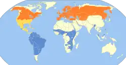 Areál rozšíření:      Hnízdiště      Protahuje      Zimoviště