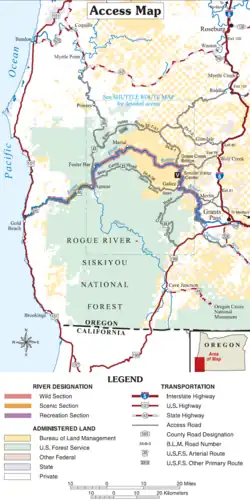 Mapa dolního toku od města Grants Pass k ústí