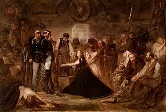 Jan Matejko: Polonia, 1864. Zajatci čekají na deportaci na Sibiř, ruský důstojník dohlíží na kováře, který nasazuje Polonii okovy.