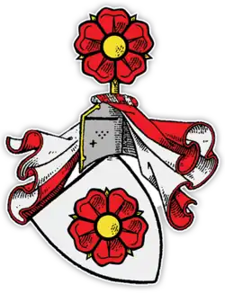 Rožmberský erb s červenou růží v bílém poli