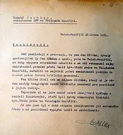 Svědectví Rudolfa Cochlara, zaměstnance ONV Valašské Meziříčí (25. ledna 1951)