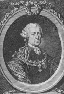 Rudolf Josef Colloredo-Waldsee s řetězem velkokříž Řádu sv. Štěpána a v ornátu s řetězem Řádu zlatého rouna