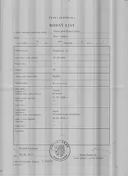 Rodný list Rudolfa Kvasnici - opis z roku 2019