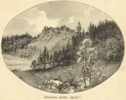 Kresba hradu Skály od Karla Liebschera užitá jako ilustrace románu