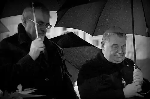 Dominik Duka s Joelem Rumlem při uctění památky Jana Palacha, leden 2014