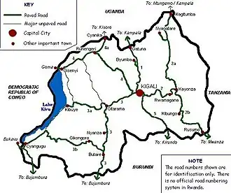 Mapa Rwandy s významnými městy a cestami