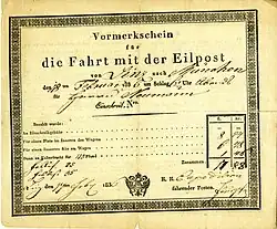 Přednostní objednávka jízdenky se spěšnou poštou Jana Neumanna cestou do Ameriky z 18. února 1836.