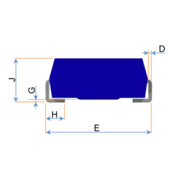 Bokorys pouzdra, rozměry: J - výška, D - tloušťka průřezu kontaktu, E - délka s kontakty, H - délky části kontaktu ležícího na desce, G - velikost vzduchové mezery pod součástkou.
