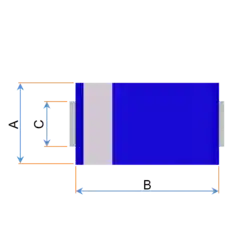 Půdorys pouzdra, rozměry: A - šířka, B - délka, C - šířka kontaktu
