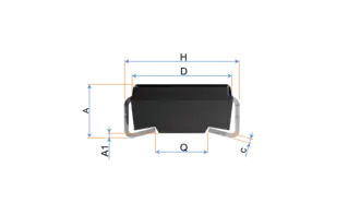 Bokorys pouzdra, rozměry: A - výška, A1 - mezera mezi DPS a spodní stranou součástky, c - tloušťka plechu kontaktu, H - délka součástky včetně kontaktů, D - délka kloboučku součástky (délka bez kontaktů), Q - Vzdálenost vnitřních hran kontaktů