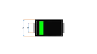 Půdorys pouzdra, rozměry:E - šířka součástky, b - šířka kontaktu